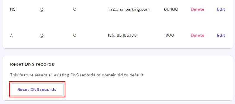 Hostinger DNS settings page with the Reset DNS records button highlighted