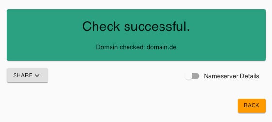 Hostinger domain check successful for domain.de, with Nameserver Details toggle and Back button