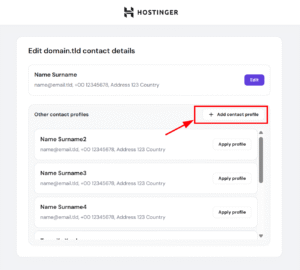 Hostinger domain contact details page with Add contact profile button highlighted