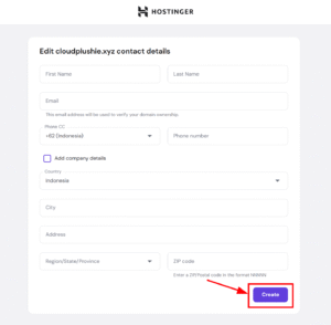 Hostinger contact details form with highlighted Create button