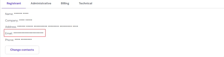 Domain registrant details with the email field highlighted and a Change contacts button