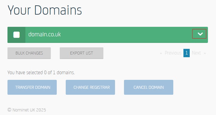 Domain management screen with the domain row’s dropdown menu highlighted