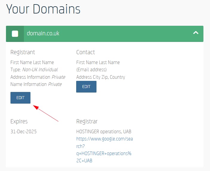 Hostinger domains panel with the Registrant edit button highlighted under domain.co.uk
