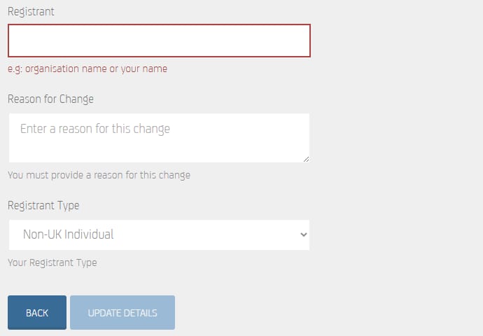 Hostinger registrant form with the Registrant name field highlighted at the top