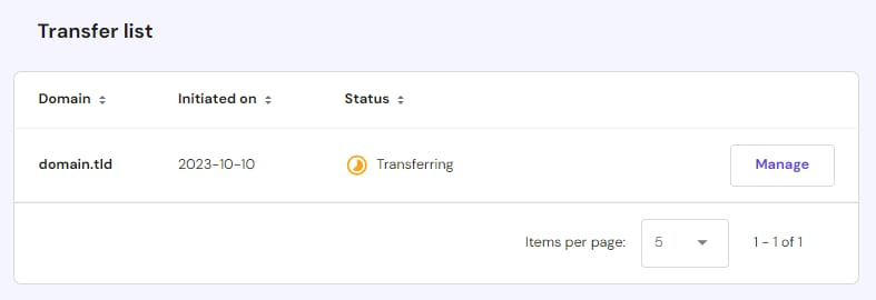 Hostinger transfer list showing domain.tld status as Transferring and a Manage button