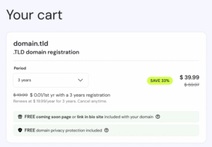 Domain registration cart with 3-year period selected and discounted price .99