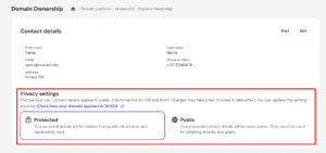 Domain Ownership privacy settings with Protected option selected for WHOIS contact details