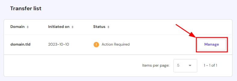 Hostinger transfer list with the Manage button highlighted for a domain marked Action Required
