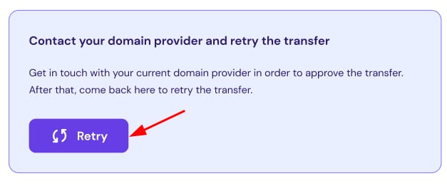 Hostinger domain transfer status message with Retry button highlighted