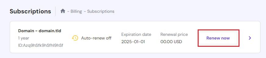 Hostinger subscriptions page showing the Renew now button for a domain subscription highlighted