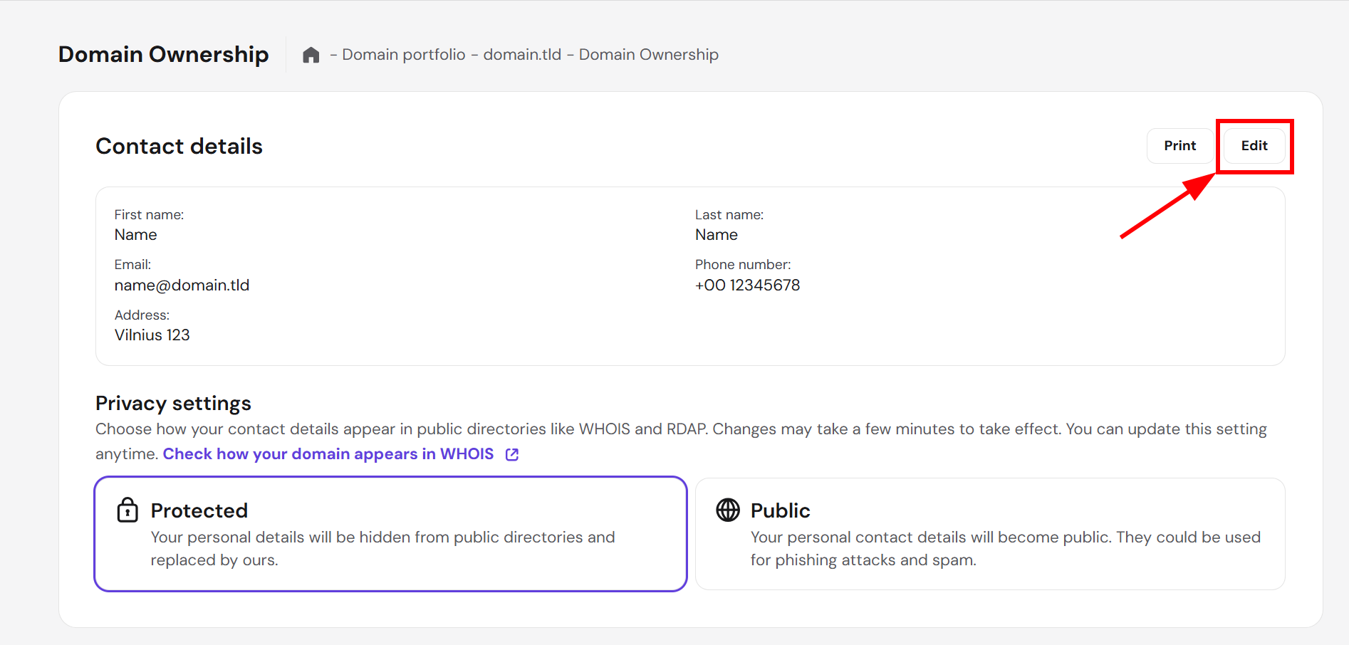 Domain Ownership page with Edit button highlighted in contact details