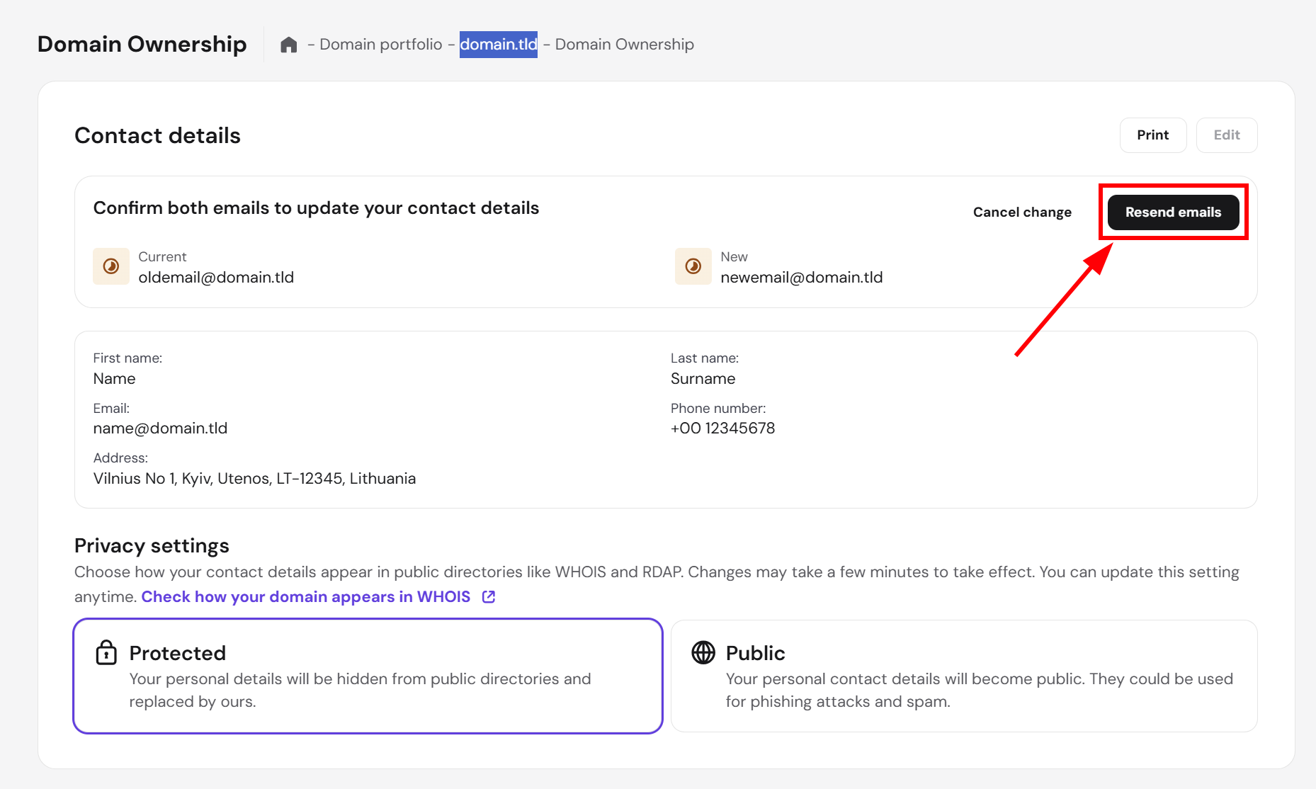 Domain ownership contact details page with Resend emails button highlighted