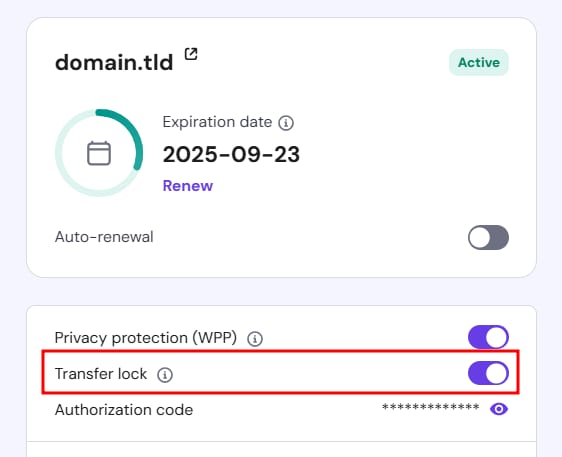 Domain settings showing Transfer lock toggle enabled and highlighted