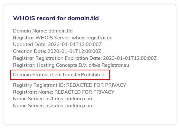 WHOIS record showing domain status: clientTransferProhibited