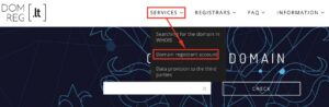 Domain registry site with Services menu open and "Domain registrant account" highlighted