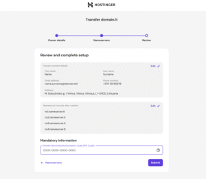 Hostinger domain transfer review page with EPP code field and Submit button