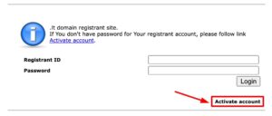 Domain registrant login page with Activate account button highlighted by a red box and arrow