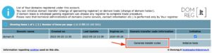 DOMREG.lt domain management page with Generate transfer codes button highlighted