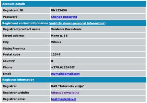 Account details page showing registrant contact and registrar information with email links