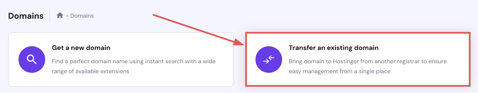 Hostinger Domains transfer an existing domain card highlighted with red border and arrow