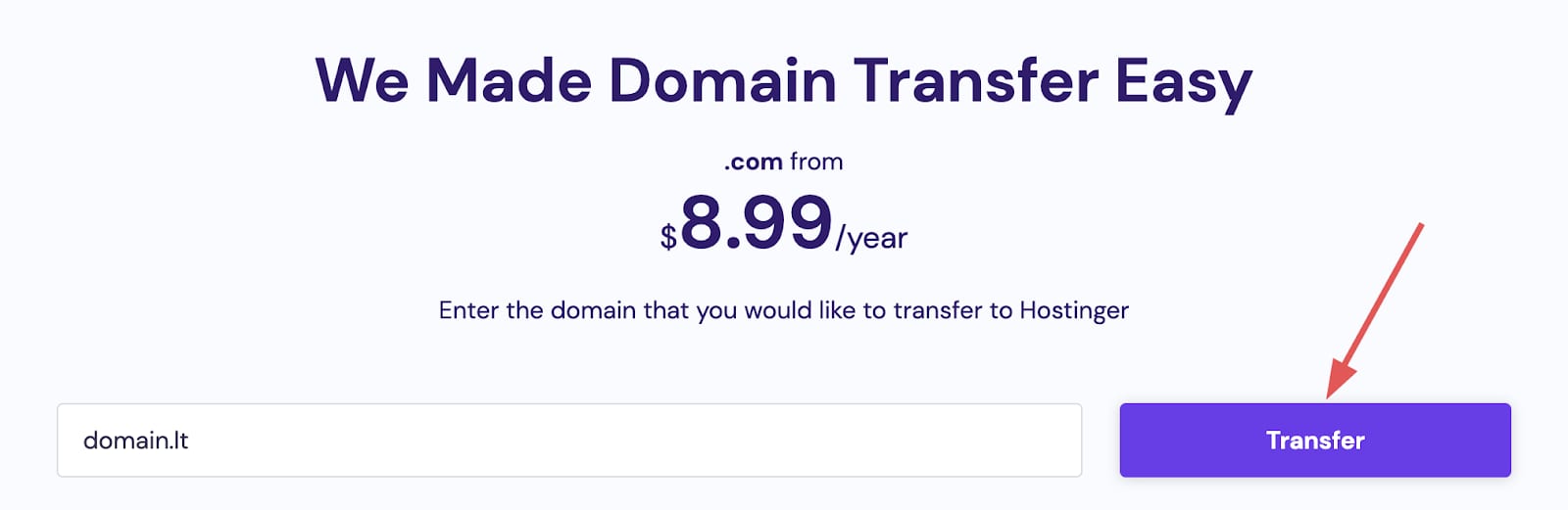 Hostinger domain transfer page with the Transfer button highlighted