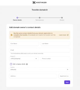 Hostinger domain transfer form for domain.lt, owner details step with contact fields and Next button