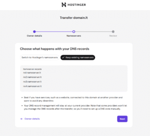 Hostinger domain transfer step choosing to keep existing nameservers selected