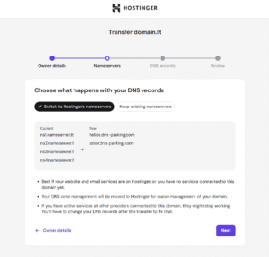 Hostinger domain transfer step showing selected option to switch to Hostinger nameservers