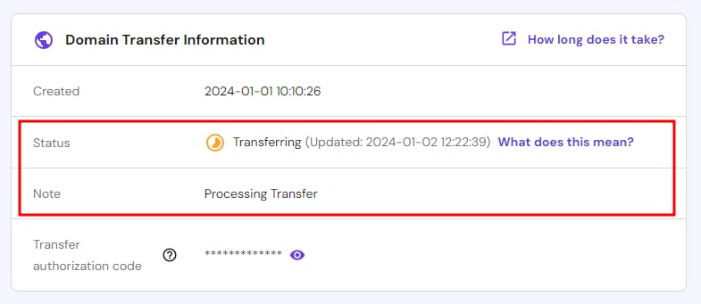 Domain transfer information showing status: Transferring and note: Processing Transfer