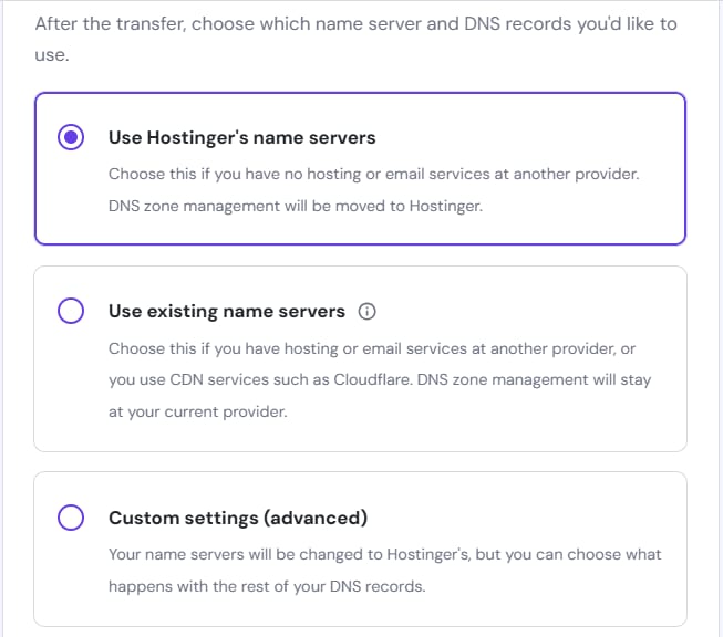 Hostinger domain transfer screen with “Use Hostinger’s name servers” option selected