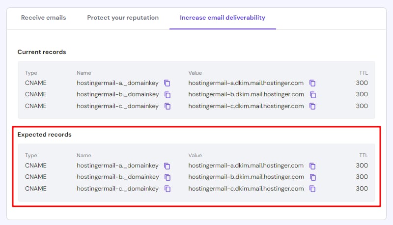 Hostinger Email DKIM records showing expected CNAME entries highlighted in the lower section
