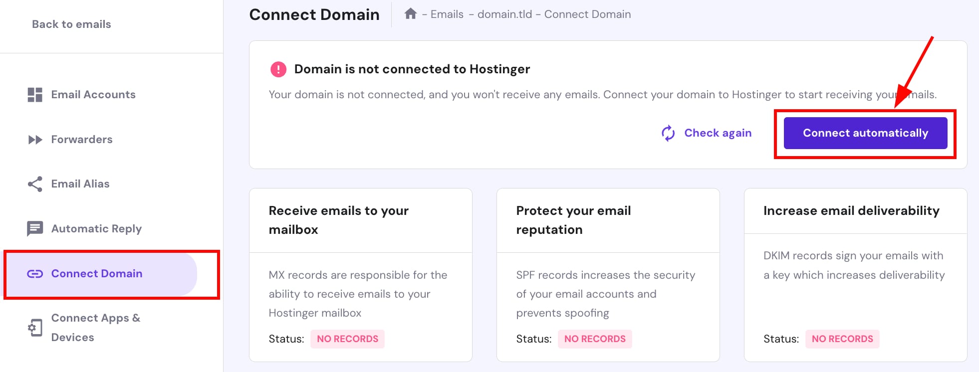 Hostinger Email Connect Domain screen with Connect automatically button and Connect Domain menu item highlighted
