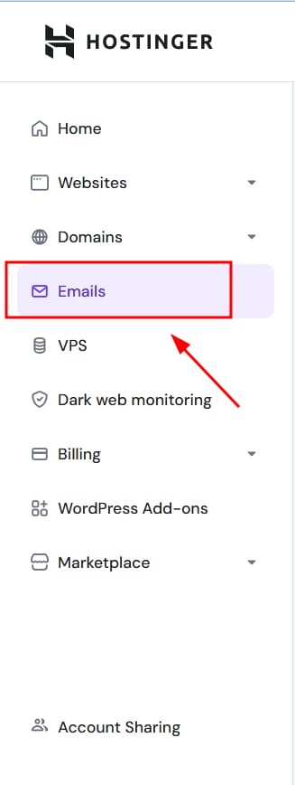 Hostinger panel sidebar with Emails menu item highlighted