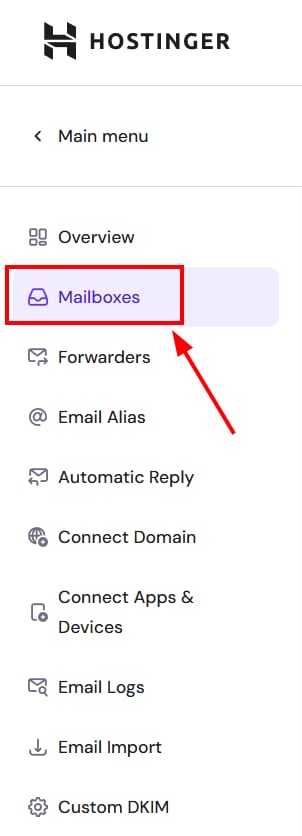 Hostinger Emails menu with Mailboxes highlighted in the sidebar