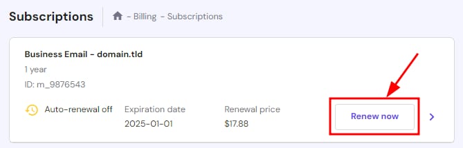 Titan Email subscription card with Renew now button highlighted