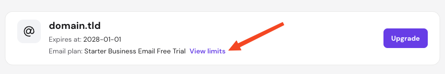 Hostinger email plan card with View limits link highlighted next to the plan details
