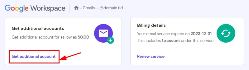 Google Workspace mailbox page with the Get additional account button highlighted