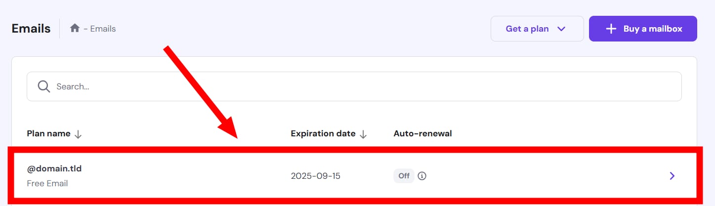 Hostinger Emails plan list showing a Free Email mailbox row with expiration date and auto-renewal off