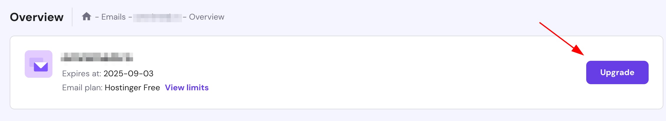 Hostinger Email overview with the Upgrade button highlighted