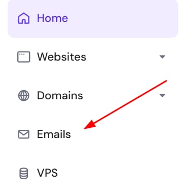 Hostinger dashboard sidebar with the Emails menu item highlighted