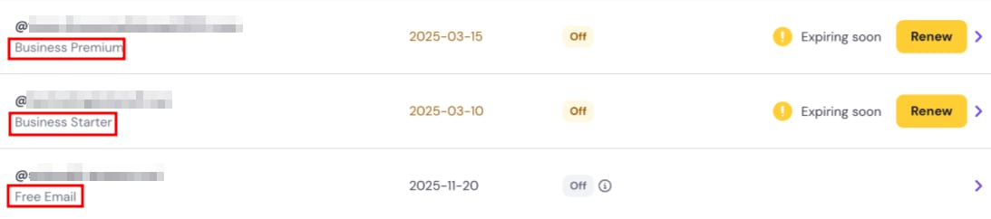Hostinger hPanel: Business Premium, Business Starter, and Free Email plans listed
