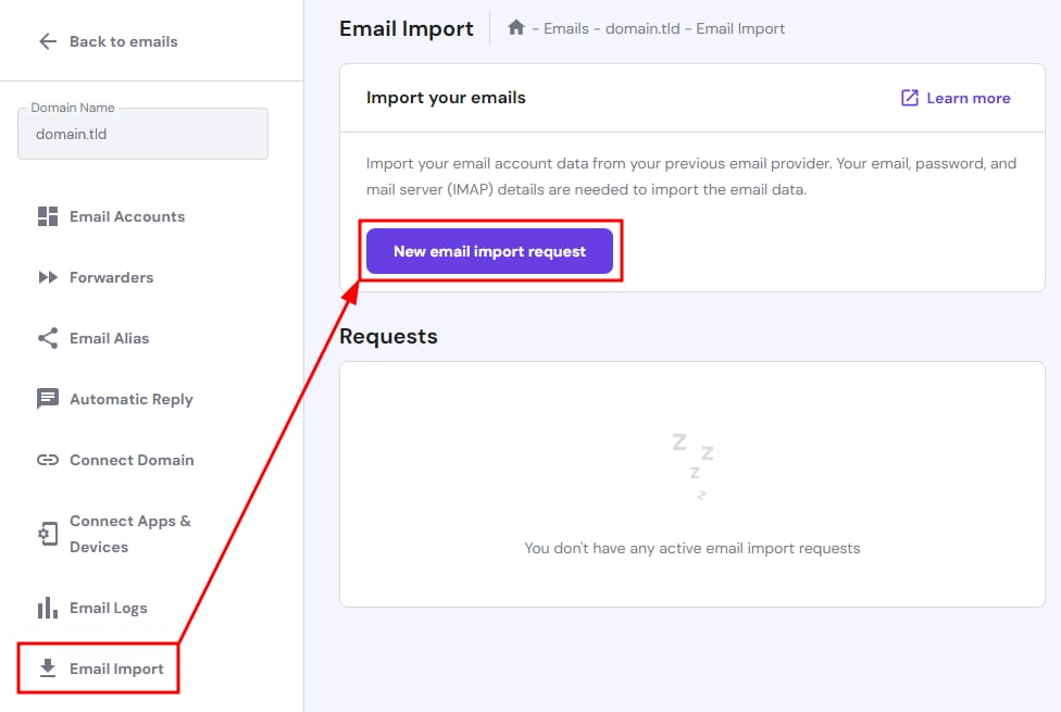 Hostinger Email Import menu with the New email import request button highlighted