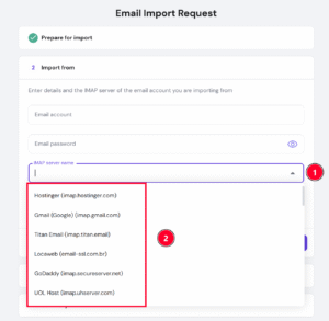 Hostinger Email import form with IMAP server dropdown showing provider options