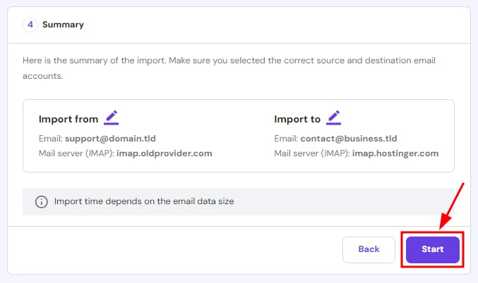 Hostinger Email import summary page with the Start button highlighted
