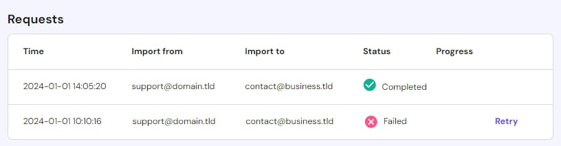 Hostinger Email import requests table showing one completed and one failed import with Retry option