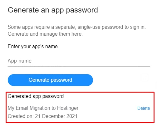 Yahoo app password generated for Hostinger email migration
