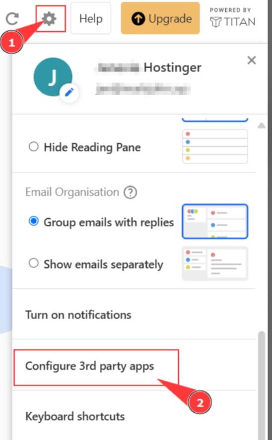 Hostinger Titan Email settings menu with Configure 3rd party apps highlighted