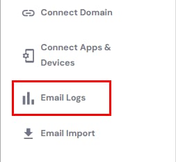 Hostinger email menu with Email Logs option highlighted