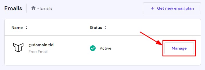 Titan Email account list with the Manage button highlighted for an email address