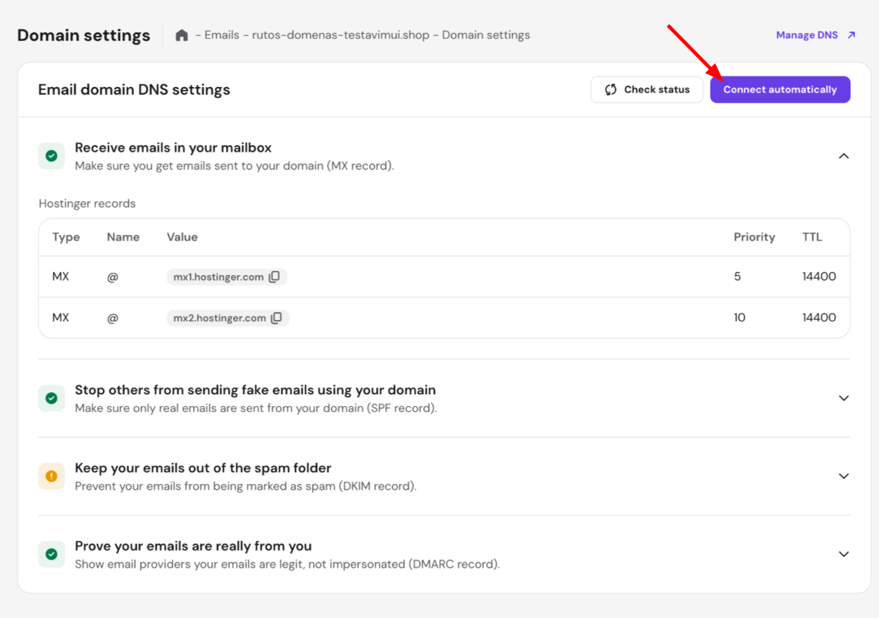Hostinger email domain DNS settings with Connect automatically button highlighted